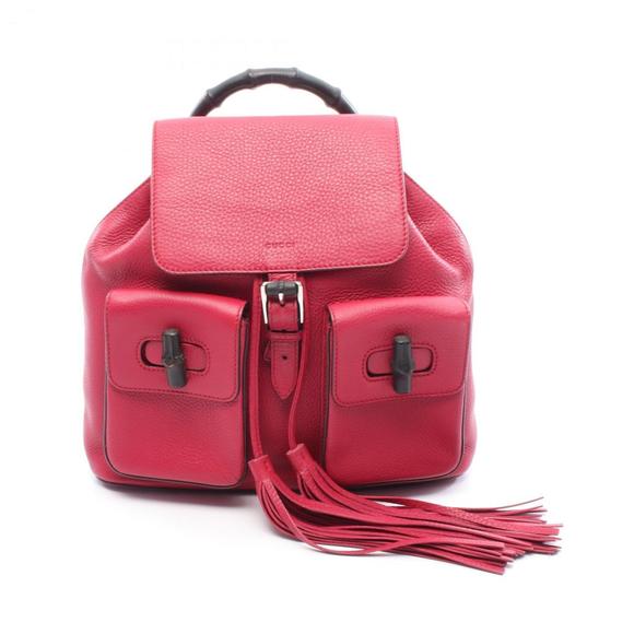 GUCCI Red Leather Bamboo Backpack - Picture 1 of 10